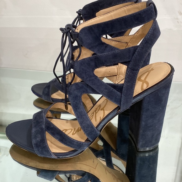 Sam Edelman Lace Up Yardley Suede Leather Navy Blue High Heel Sandals 8.5 US - Picture 5 of 11